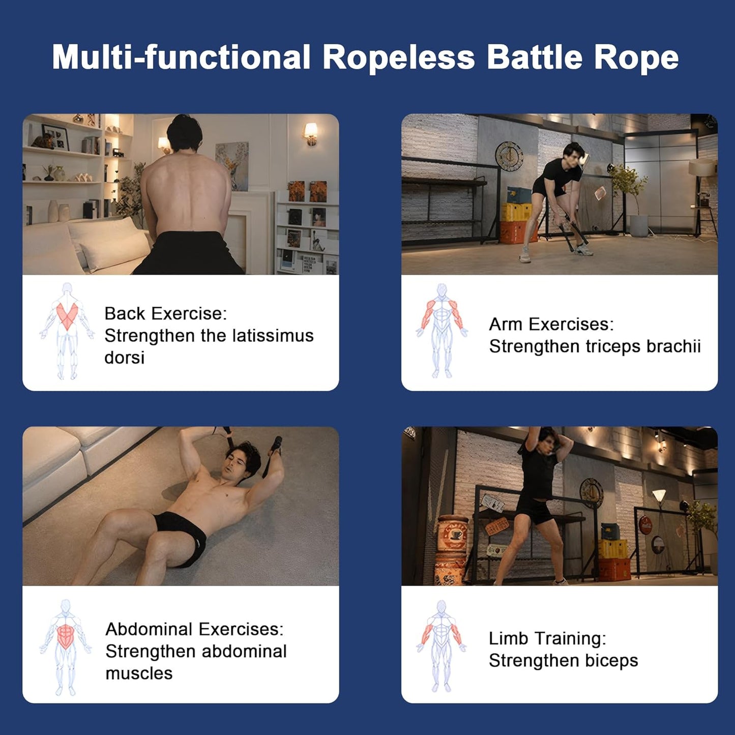 B Rope+ by Chaken® | (Pair of 2 Left + Right Handles) Adjustable Ropeless Battle Rope for Home & Gym | Full Body Workout, Cardio, Strength Training | Portable Fitness Tool for HIIT, CrossFit, Core & Endurance